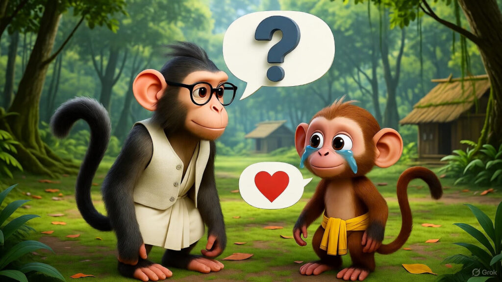 City monkey asks, Mangu explains problem, city monkey comforts