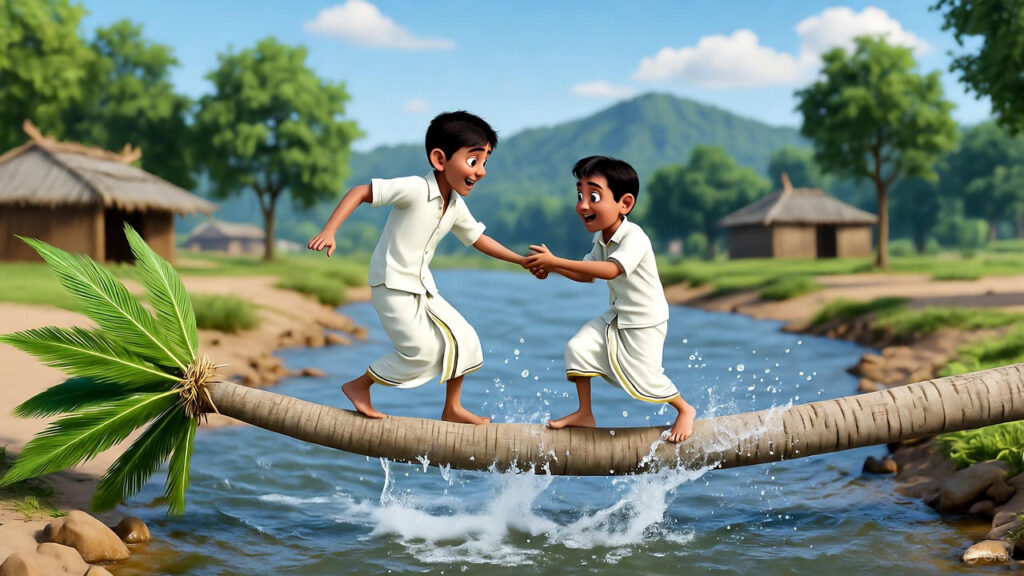 Crossing the River on the Coconut Tree Bridge