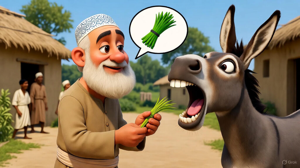 The Donkey Being Stubborn and Mulla Feeding It