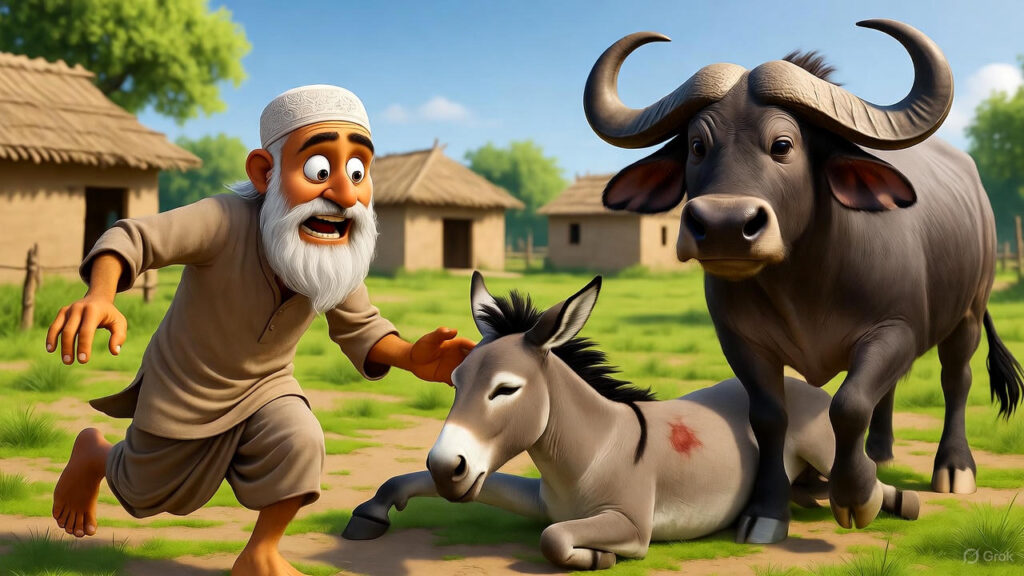 The Buffalo Pushing the Donkey and Mulla Running to Check