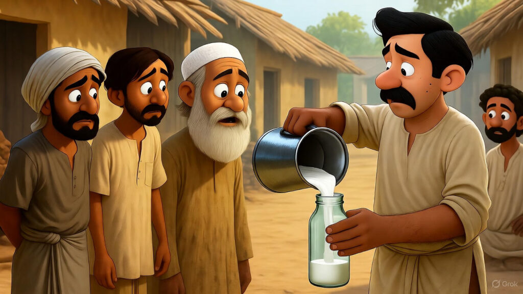 Milkman gets scared realizing Mulla's intent; pours 1 liter cow milk which shows much less; everyone realizes the cheating