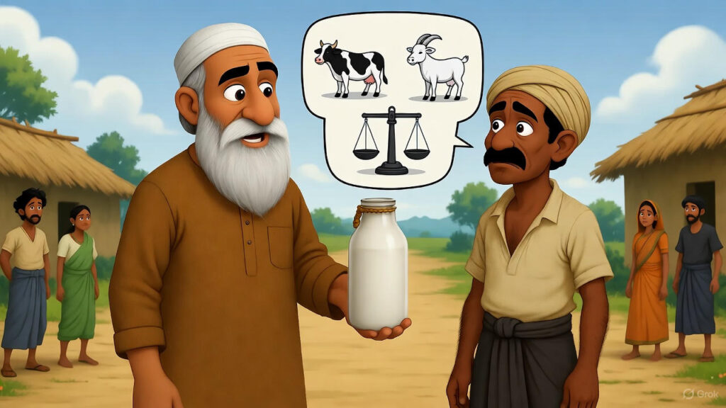 Mulla suggests pouring 1 liter of cow milk first, then goat milk, to see which is less