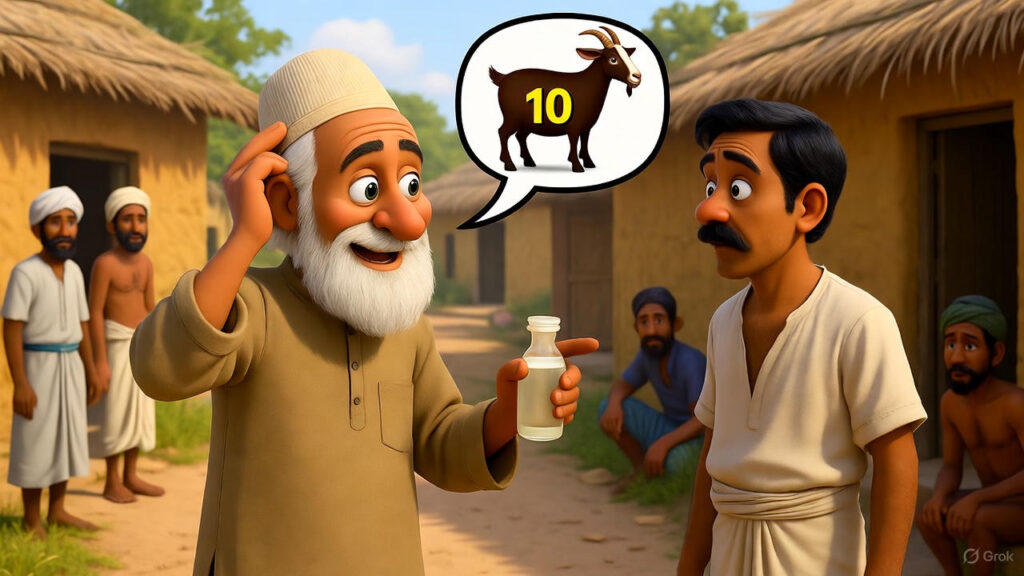 Mulla thinks and then asks for 10 liters of goat milk instead, reasoning it's from a smaller animal