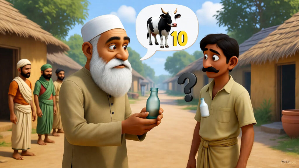 Mulla returns with a bottle and asks for 10 liters of cow milk; milkman questions the bottle size