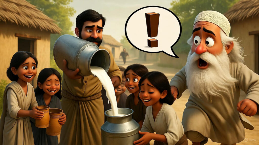 Mulla sees the milkman selling milk to a queue of people and runs home