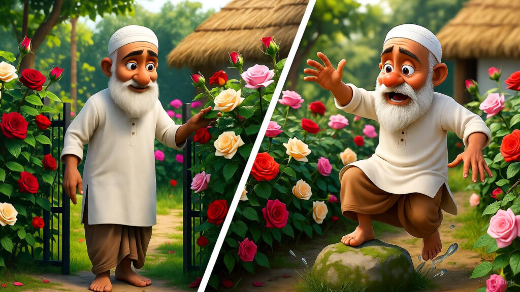 Entering Garden, Admiring Roses, Tripping and Falling