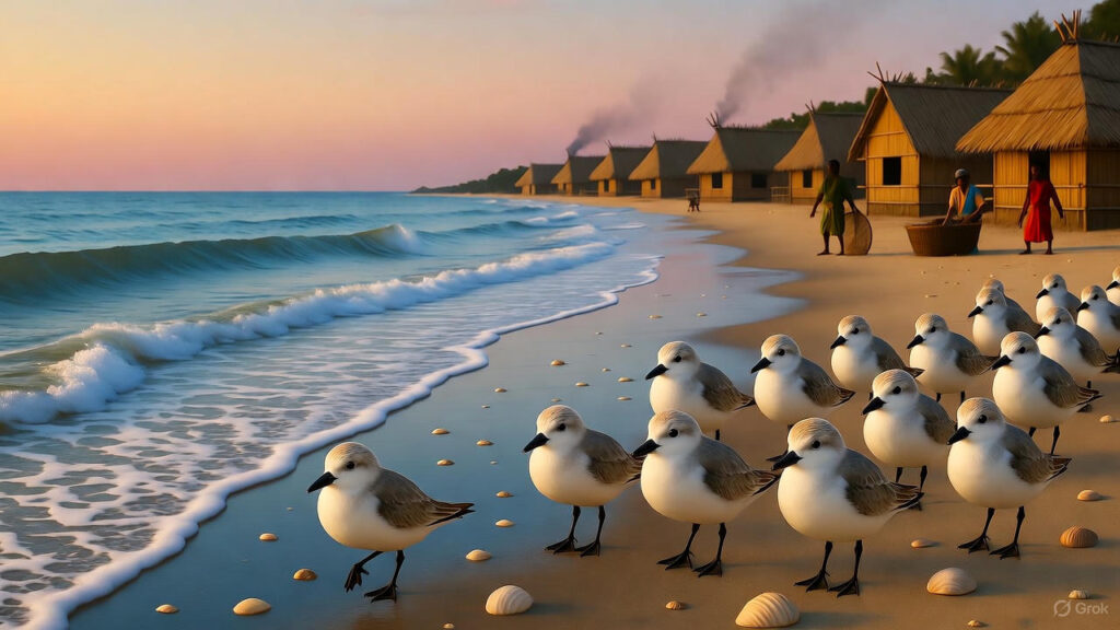 Flock of Sanderling Birds Arriving on the Seashore