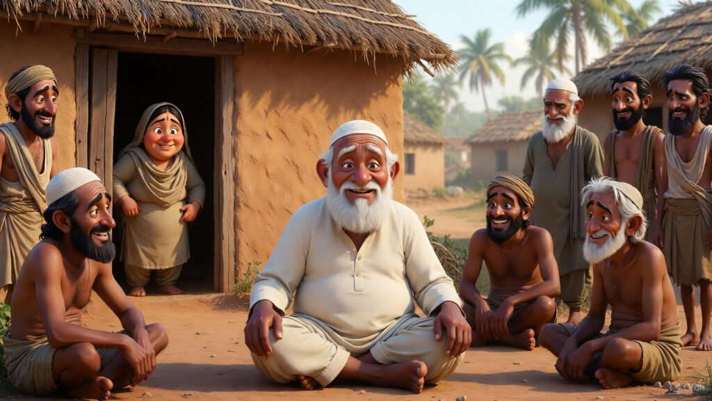 *Mulla, a chubby fair-skinned Muslim elder with white taqiyah and flowing white beard, sits peacefully outside his mud hut in a 1920s Indian village. Surrounded by smiling friends in dhoti and faded tunics, he radiates humor and wisdom under warm golden sunlight. His chubby wife peeks kindly from the doorway.*