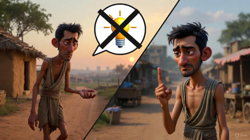 *Diagonally divided: Top-left, the friend walks away from the village, head down, empty-handed; bottom-right, he stands at city outskirts, staring regretfully at his bare finger. Mulla’s hut fades in the distance. A crossed-out lightbulb icon shows his failed trick.*