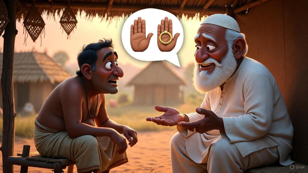 *Mulla smiles triumphantly, gesturing between his ringed finger and his friend’s bare one, explaining his clever twist. The friend’s eyes widen in realization. Mulla’s proud wife listens from the corner. Golden sunset light fills the humble hut.*