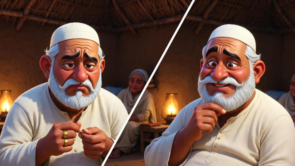 *Diagonally split: Left, Mulla frowns suspiciously at his ring; right, his face brightens with a clever idea. Inside the dimly lit hut, lamplight casts thoughtful shadows. His chubby wife rests nearby. 1920s village stillness enhances the witty moment.*