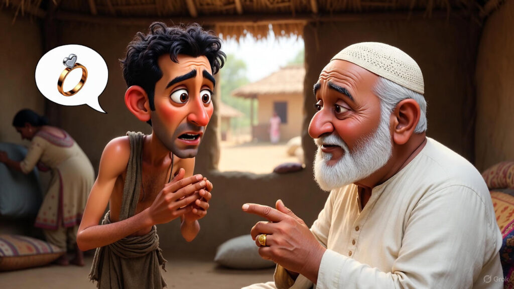 *The friend points eagerly at Mulla’s gold ring, asking for it as a memory token. Mulla, chubby and fair with white beard and taqiyah, listens attentively. A 3D ring-and-heart icon floats in the friend’s speech bubble. Village life hums quietly outside.*