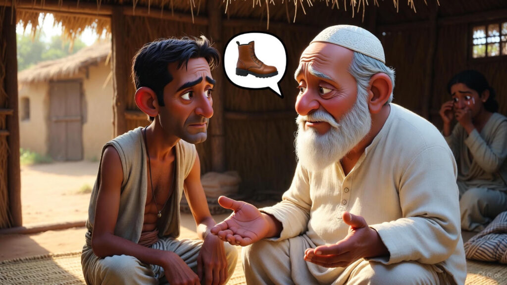 *Mulla, in white taqiyah and off-white kurta, gently urges his friend to leave without worry, palms open in farewell. The friend looks touched. Mulla’s wife wipes a tear in the corner. Warm sunlight filters through the hut window onto dusty floor.*
