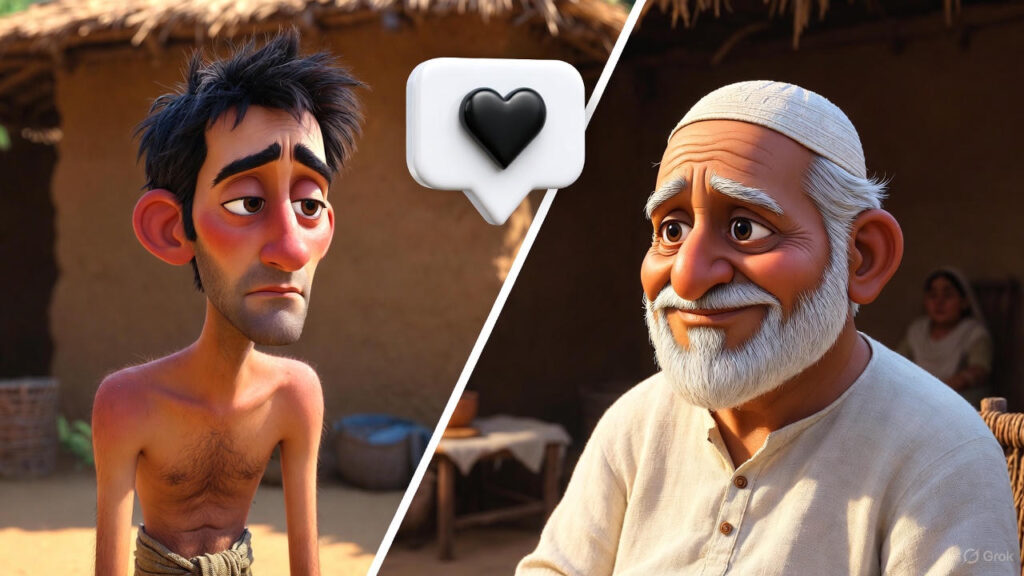 *Diagonally divided: Top-left, the friend looks emotional, missing Mulla already; bottom-right, Mulla leans forward with kind, sad eyes. Inside the simple hut, golden light glows softly. Mulla’s chubby wife stands quietly in the shadows.*
