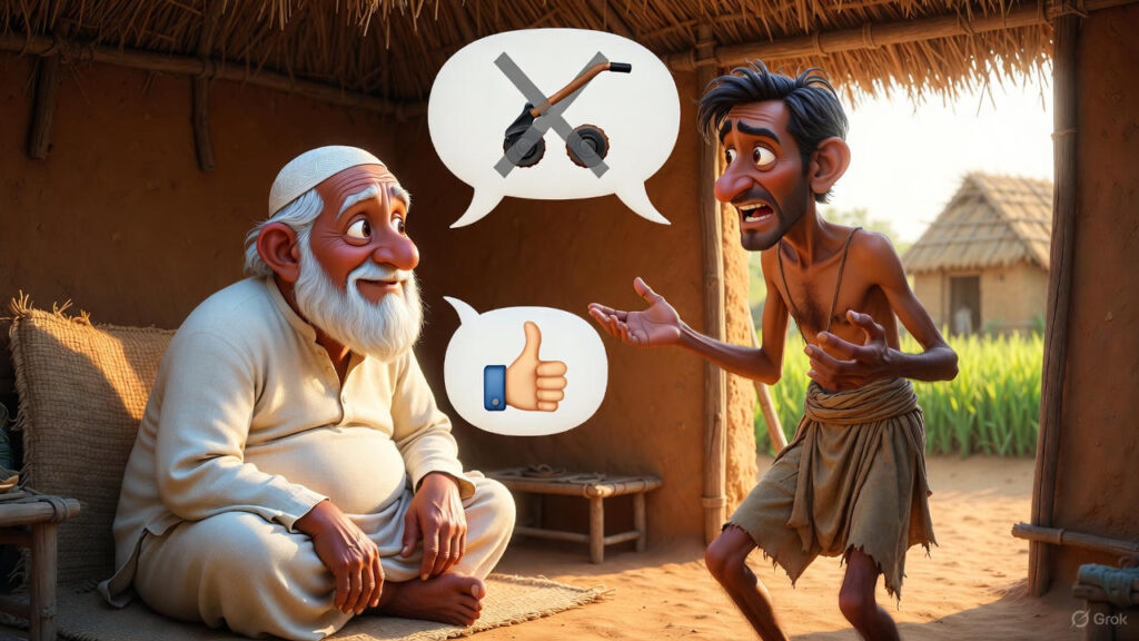 *Mulla listens empathetically inside his thatched hut as his friend gestures in frustration over farming. Mulla, in white taqiyah and kurta, nods supportively. Speech bubbles show a crossed-out plow and thumbs-up icon. Village fields visible through the open door.*