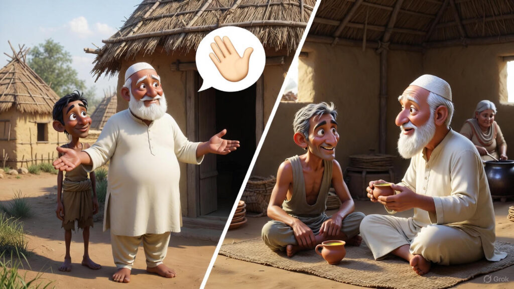 *Split diagonally: On the left, Mulla warmly welcomes his friend at the hut entrance; on the right, both sit inside on woven mats sharing tea. Mulla wears a white taqiyah and off-white kurta, his chubby fair wife stirs in the background. 1920s poor village, cozy and humble.*