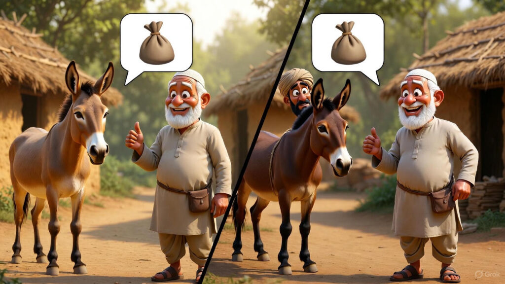 Merchant asks about first donkey's load-carrying; Mulla praises it—then same for second
