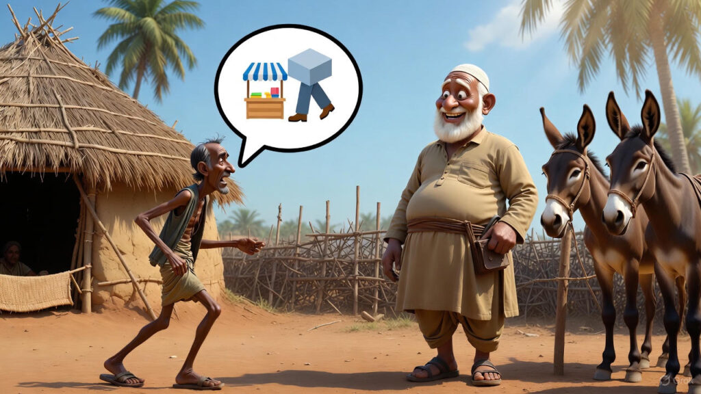 Neighboring merchant approaches Mulla to rent a donkey