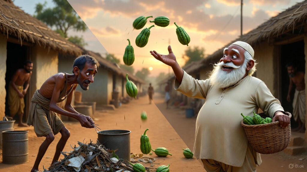 Next Day, Mulla Throws Bitter Gourds While Neighbor Prepares to Burn Garbage