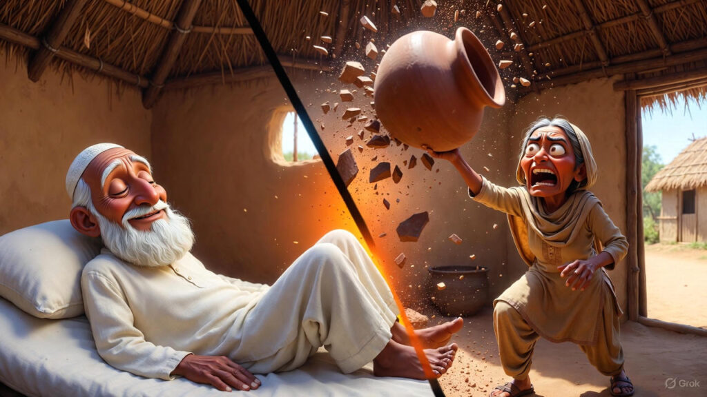 Mulla ignores and turns over; wife breaks pot