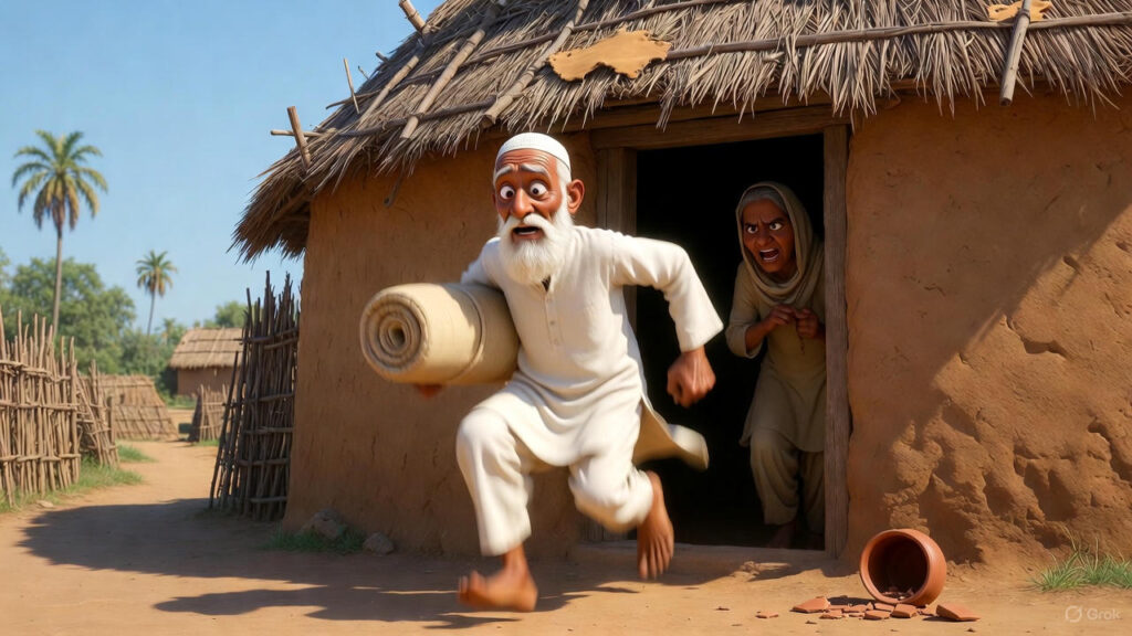 Mulla rolls up mattress and exits the hut
