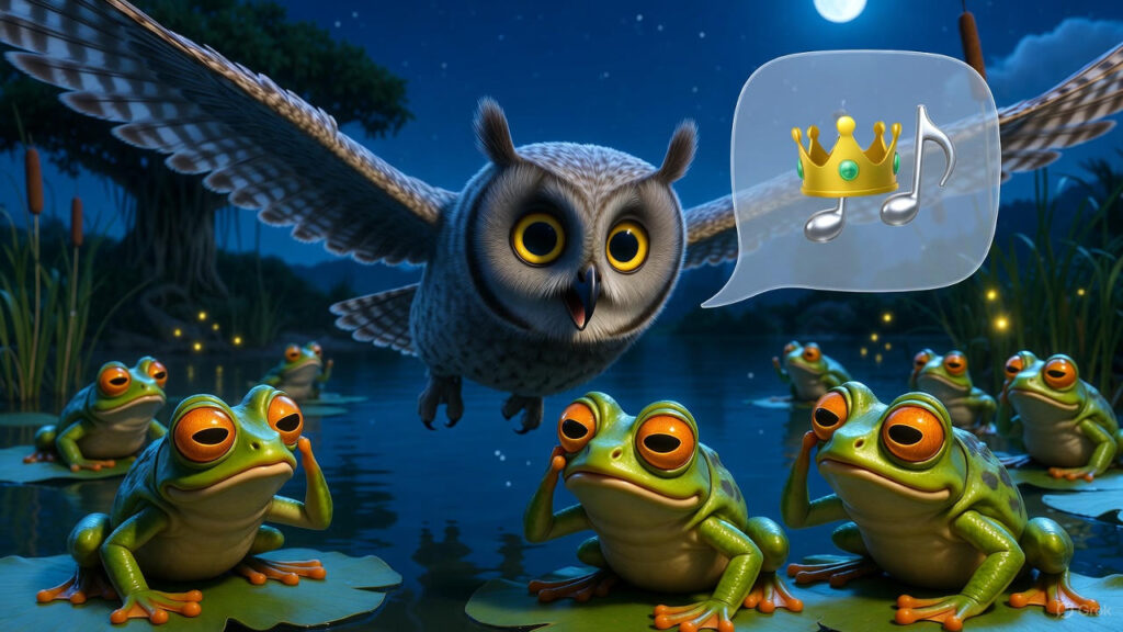 Owl's Nighttime Plan Begins with Frogs